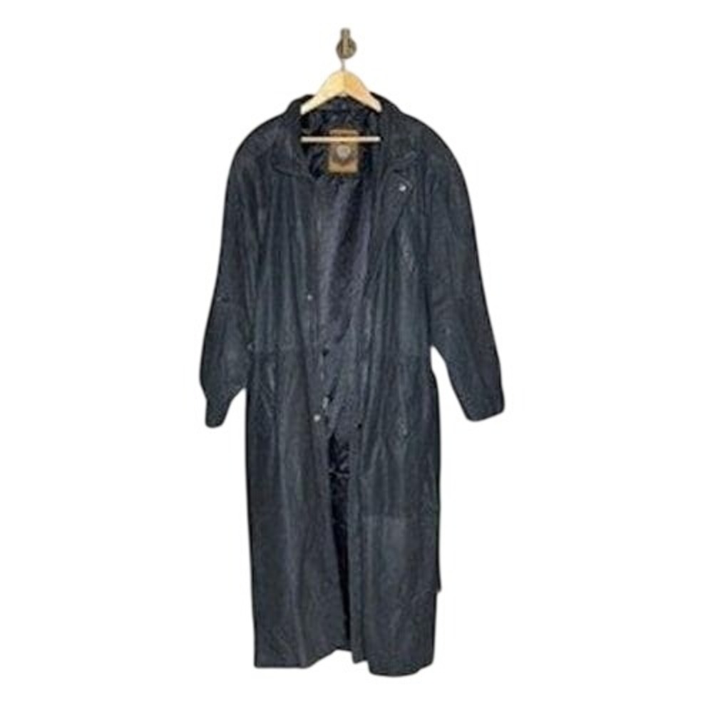 Vintage Genuine Leather Long Trench Coat‎ Black Belted Duster L